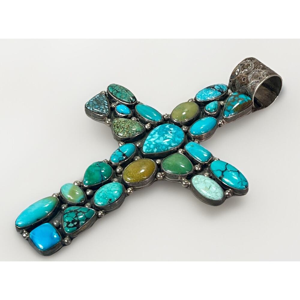 VTG Zuni Turquoise Cluster Sterling Silver Cross Pendant by B Bowekaty 73.4g - Picture 2 of 14